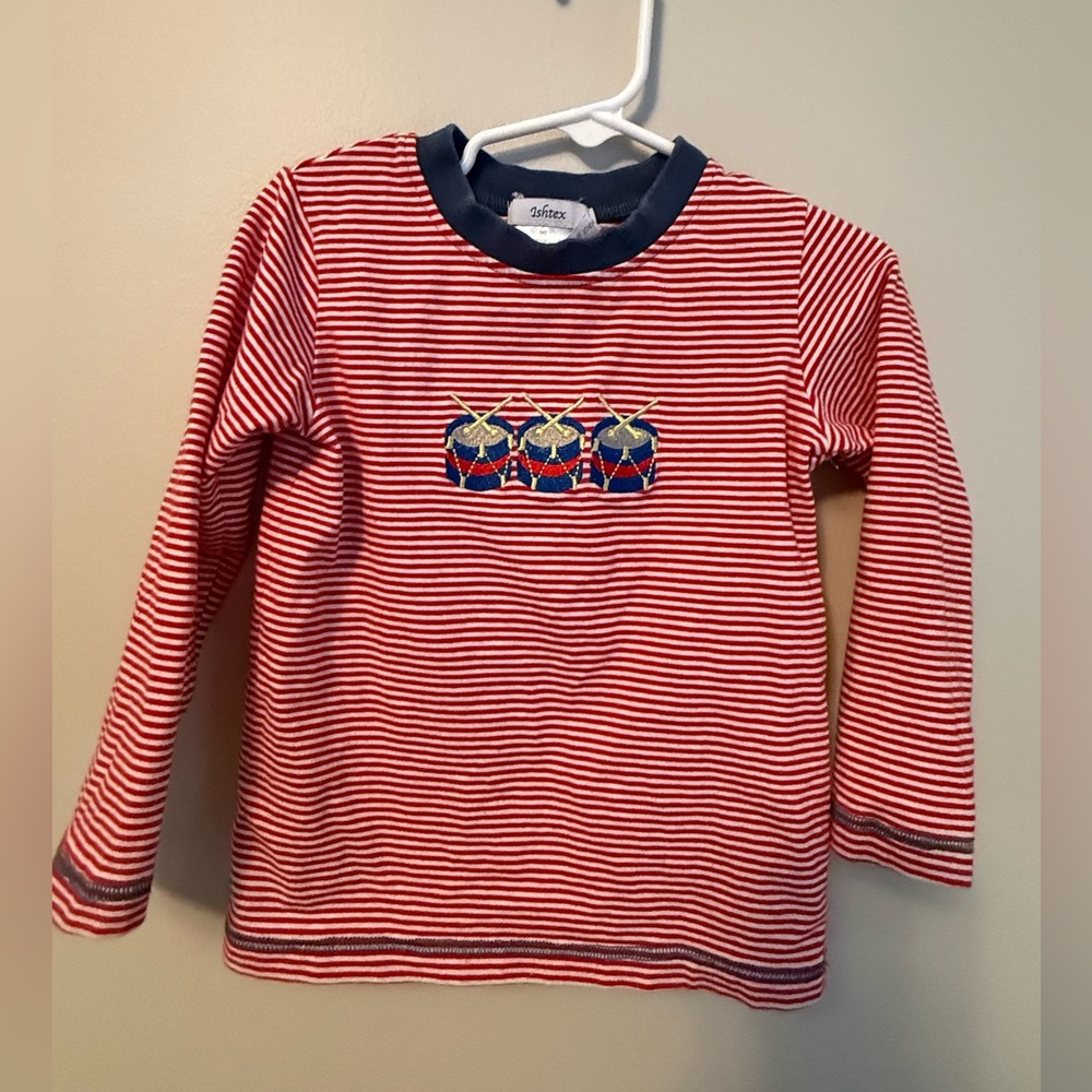 Ishtex Red Striped Long Sleeve Shirt with Christmas Drums